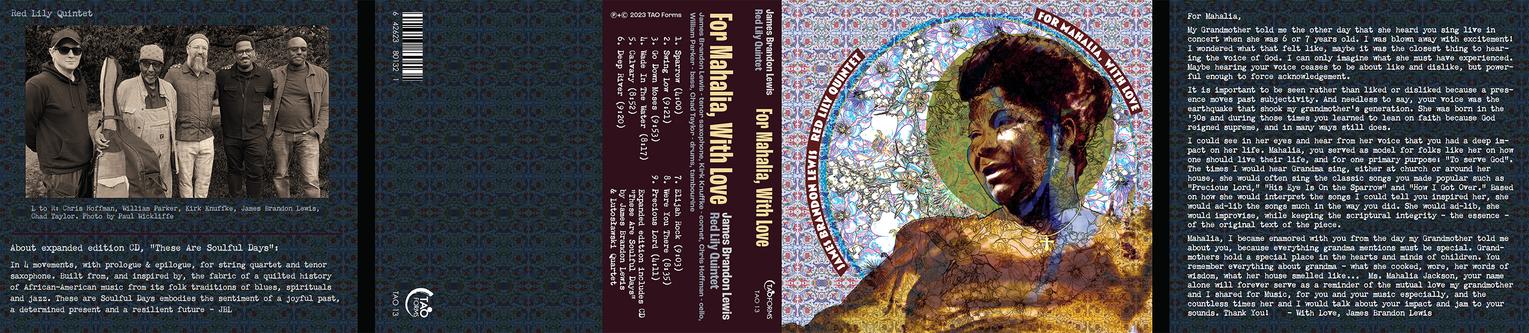 cd cover and outside panels for For Mahalia With Love by James Brandon Lewis Red Lily Quintet