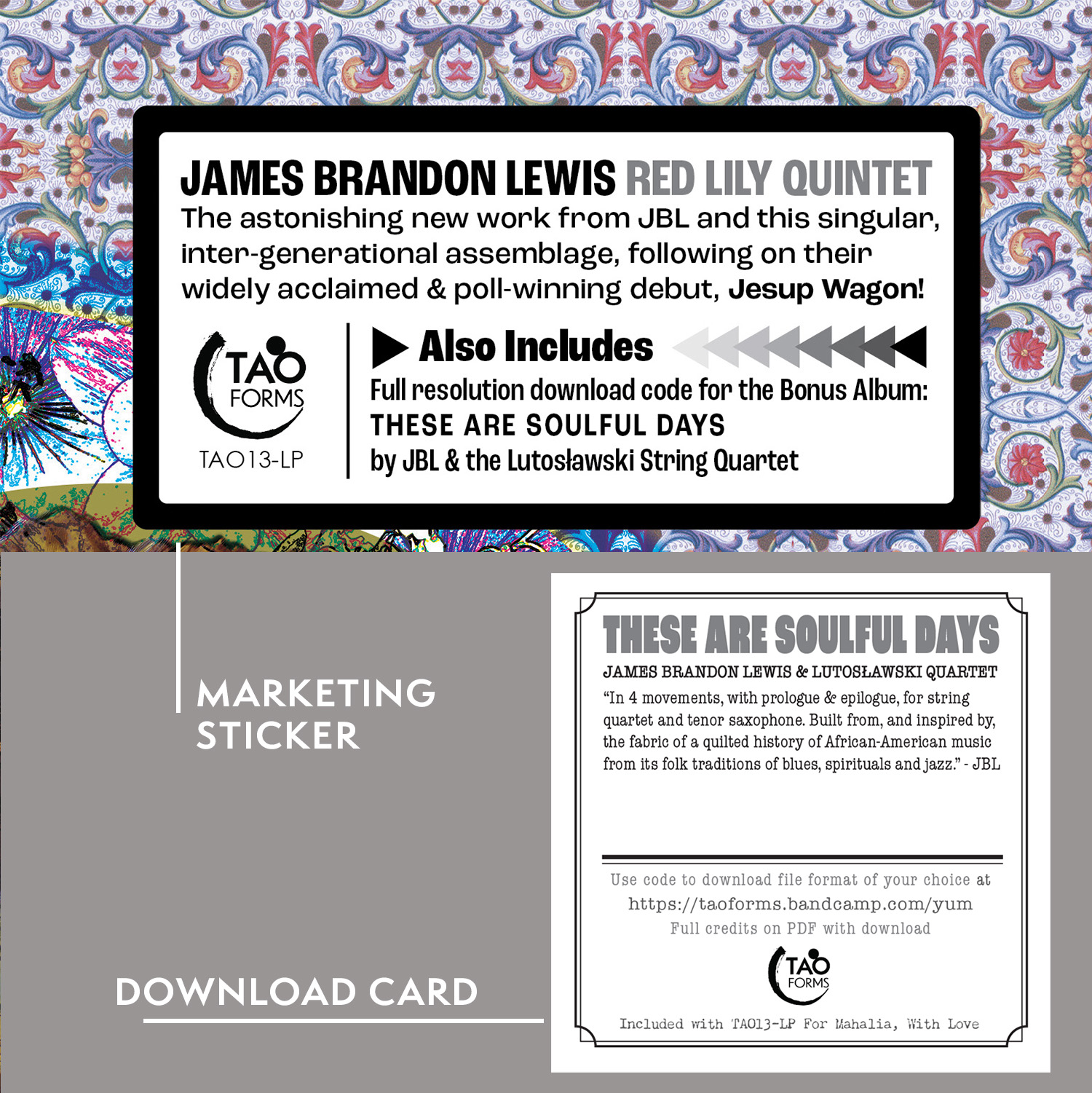 marketing sticker and download card for For Mahalia With Love by James Brandon Lewis Red Lily Quintet