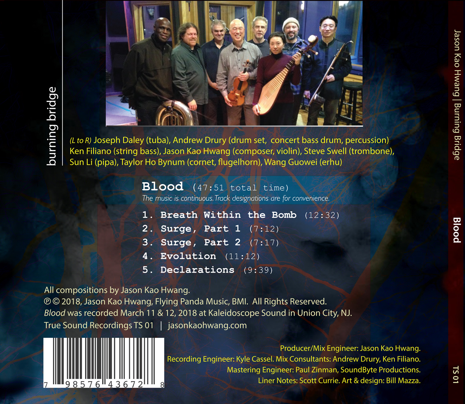back cover of Jason Kao Hwang Burning Bridge's cd Blood showing band photo and tracklist