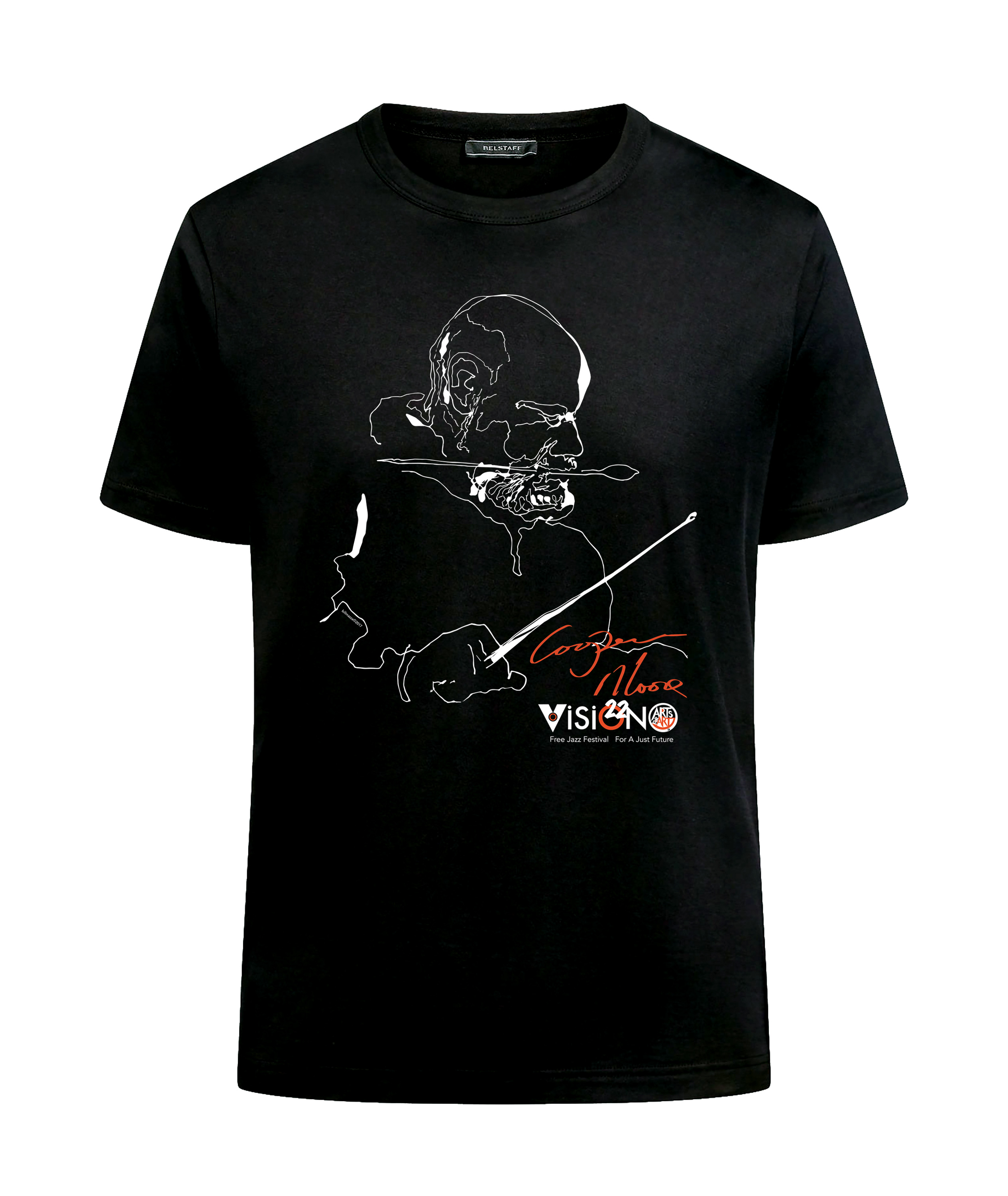 black tshirt with a drawn portrait of mulit-instrumentalist Cooper-Moore
