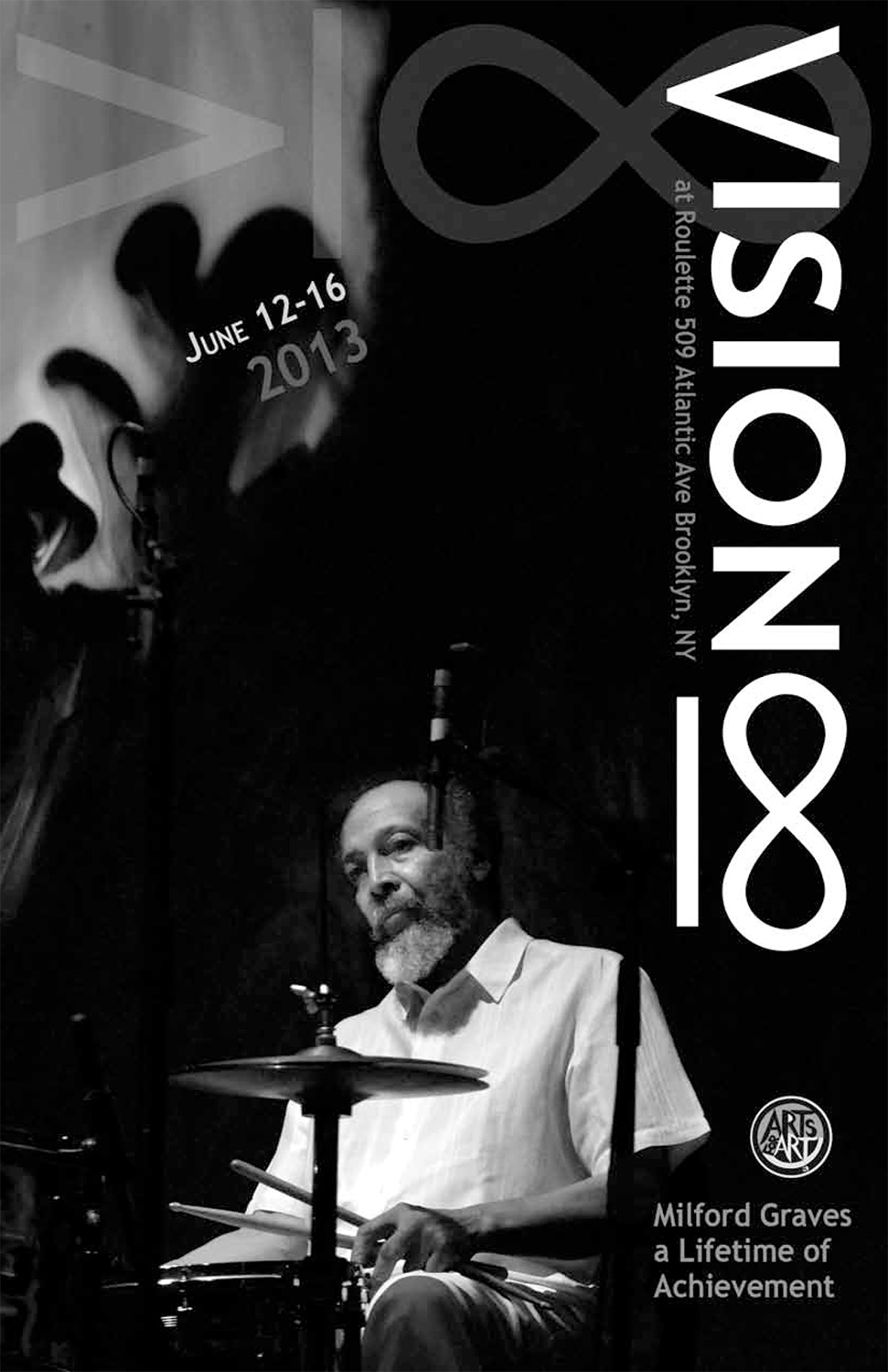 black-and-white cover for the 21 Vision Festival brochure featuring a photo of drummer Milford Graves and the V18 logo