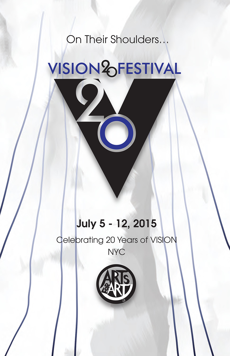 full color cover for Vision Festival 20 brochure featuring a the V20 logo on a painterly background