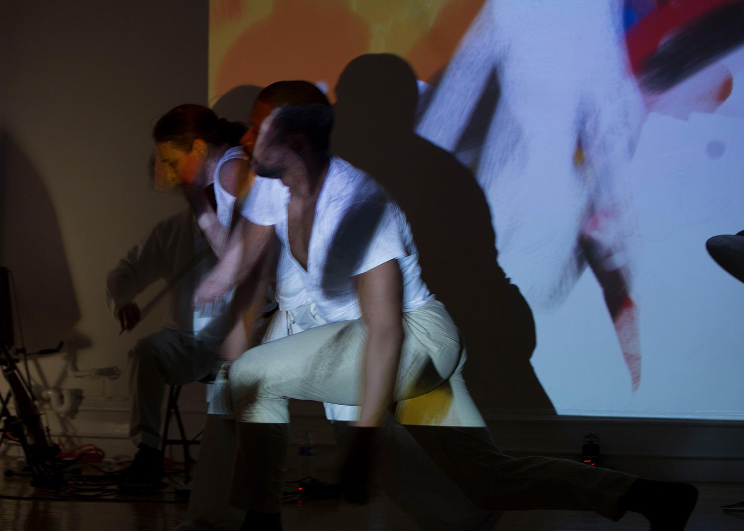 Patricia Nicholson - dance, Jason Kao Hwang - viola, Michael TA Thompson - drums on a colorful stage