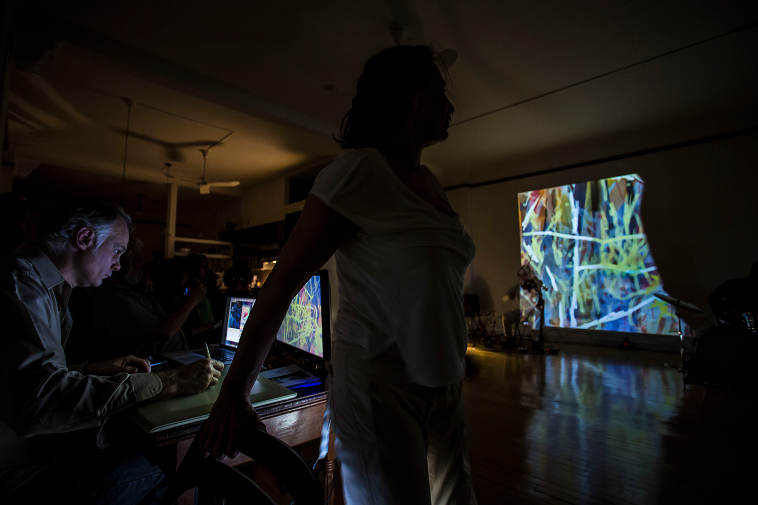 Patricia Nicholson - dance, Jason Kao Hwang - viola, Michael TA Thompson - drums on a colorful stage