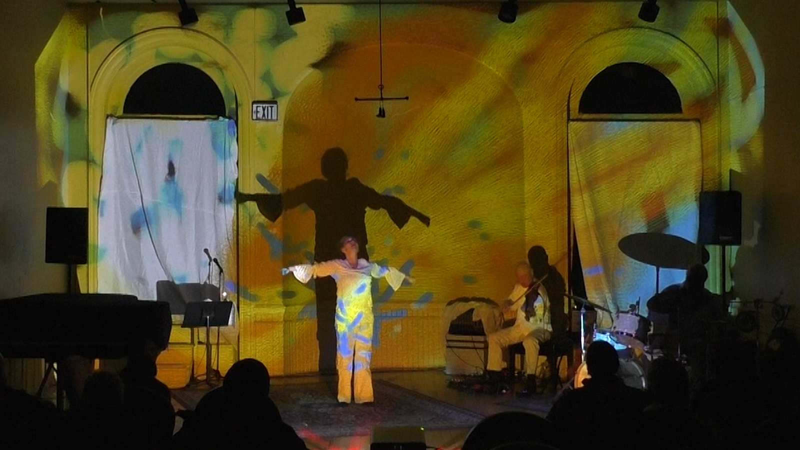 Patricia Nicholson - dance, Jason Kao Hwang - viola, Michael TA Thompson - drums on a colorful stage