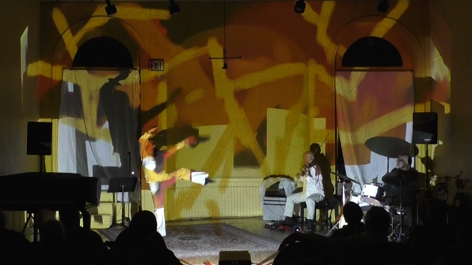 Patricia Nicholson - dance, Jason Kao Hwang - viola, Michael TA Thompson - drums on a colorful stage