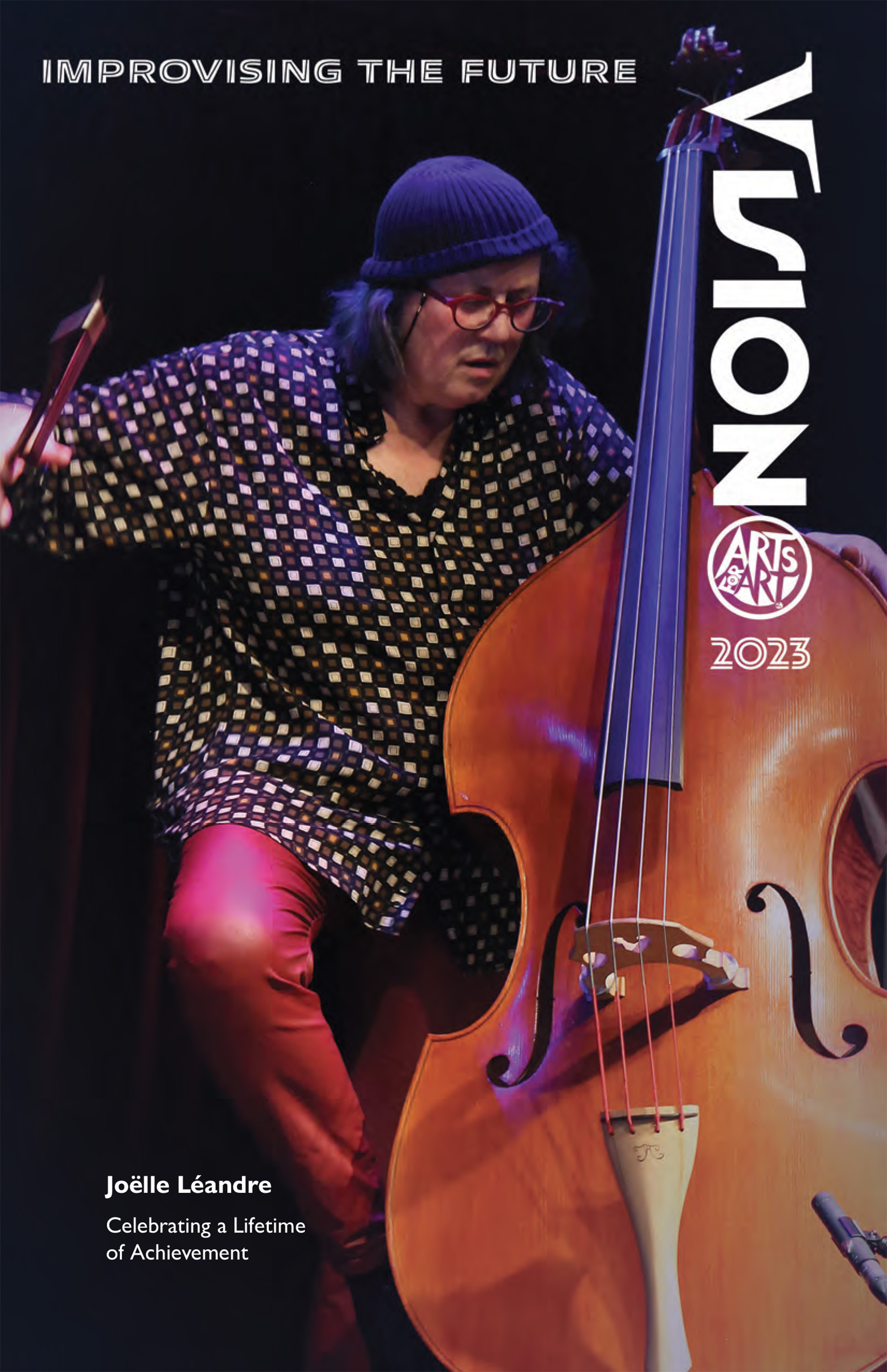 full color cover for the 2033 Vision Festival brochure featuring a picture of bassist Joelle Leandre and the Vision Festival logo