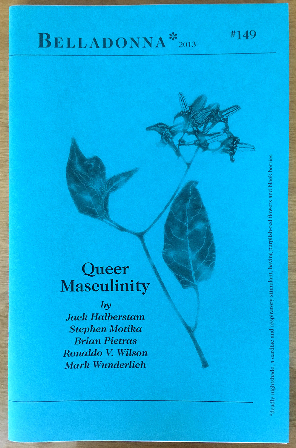 blue cover of Belladonna chaplet number 149, Queer Masculinity with belladonna flower on the cover