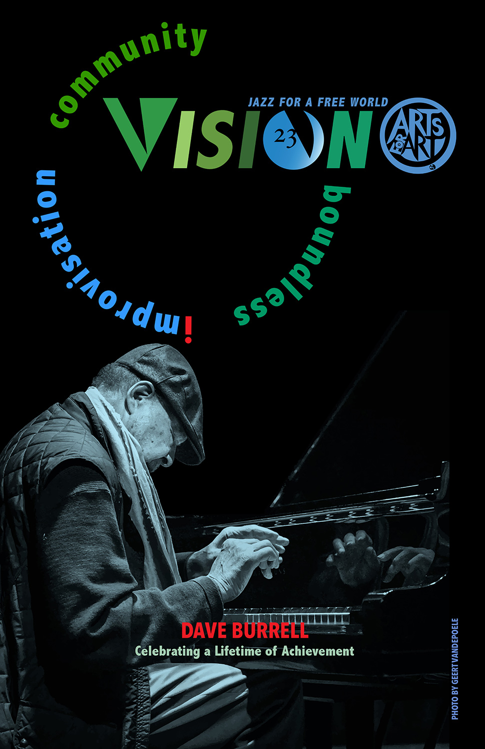 full color cover for the 23 Vision Festival brochure featuring a picture of pianist David Burell and the V23 logo