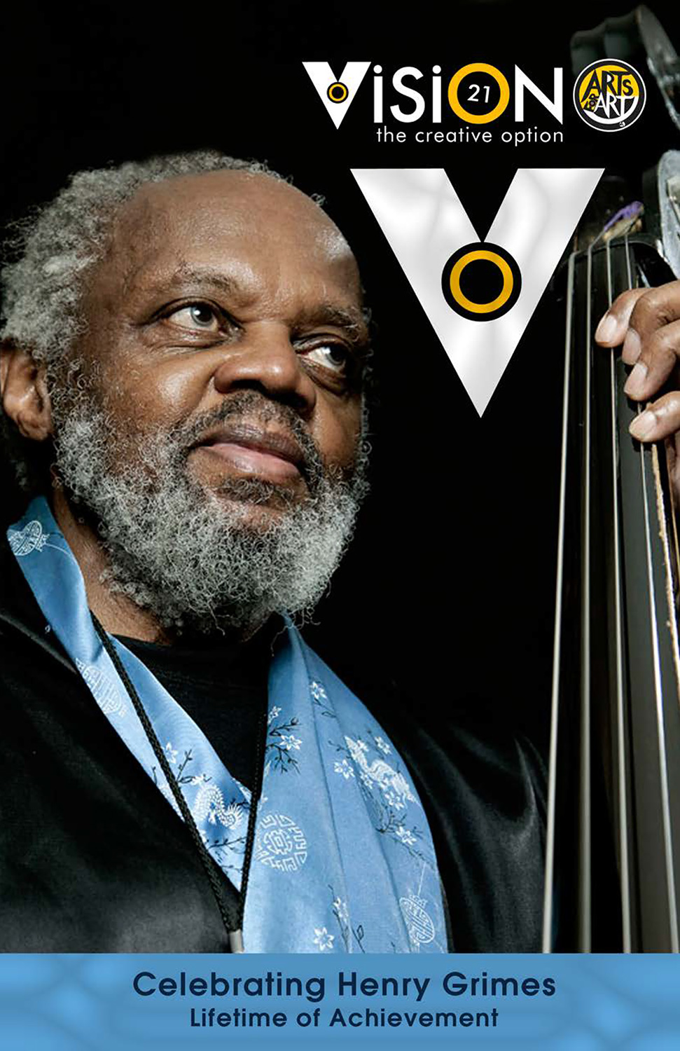 full color cover for the 21 Vision Festival brochure featuring a picture of bassist Henry Grimes and the V21 logo