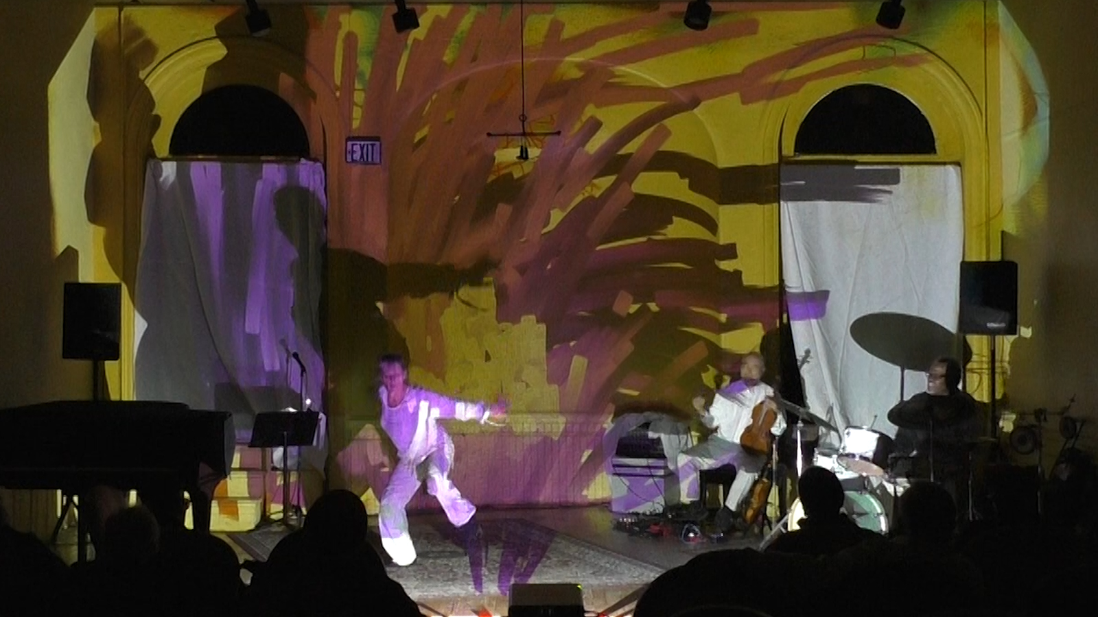 Patricia Nicholson - dance, Jason Kao Hwang - viola, Michael TA Thompson - drums on a colorful stage